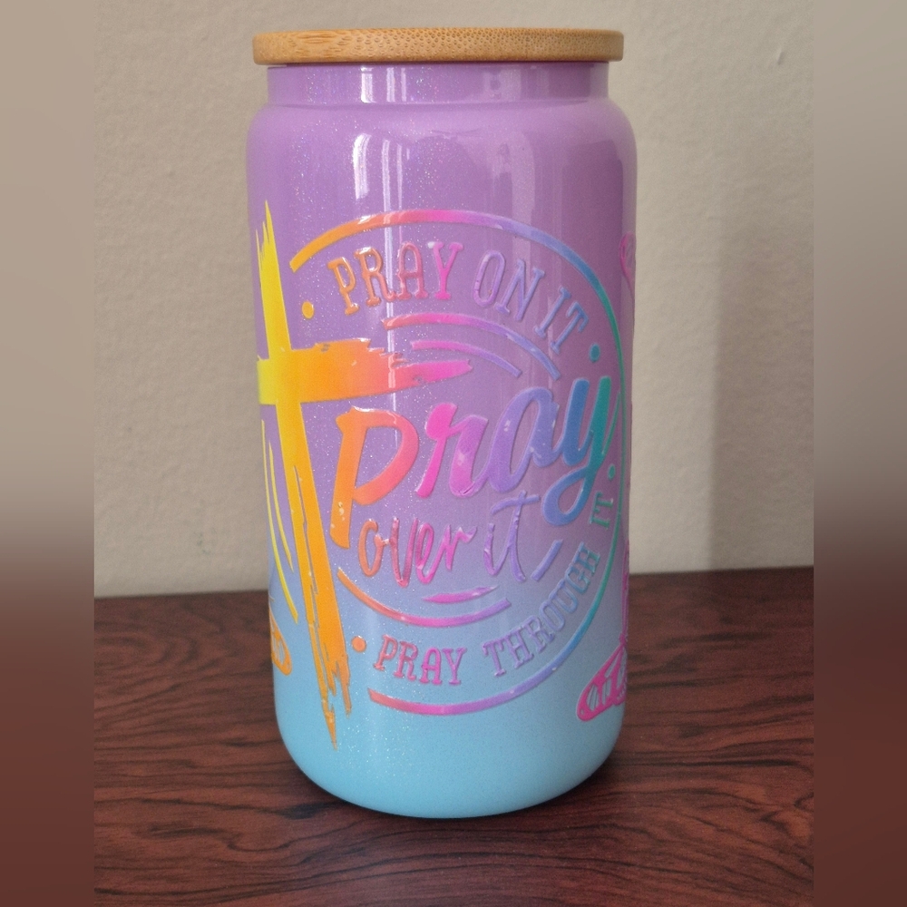🪻3/$25 Pray On It Faith Inapired Lavender Blue 16oz Glass Tumbler Lid Straw